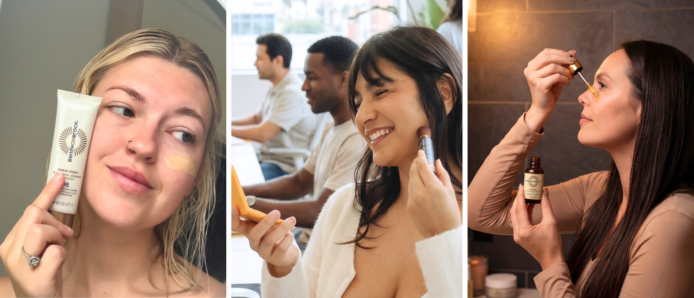 Women applying Brush On Block mineral sunscreen as part of her daily sun protection routine — protect, reapply, restore