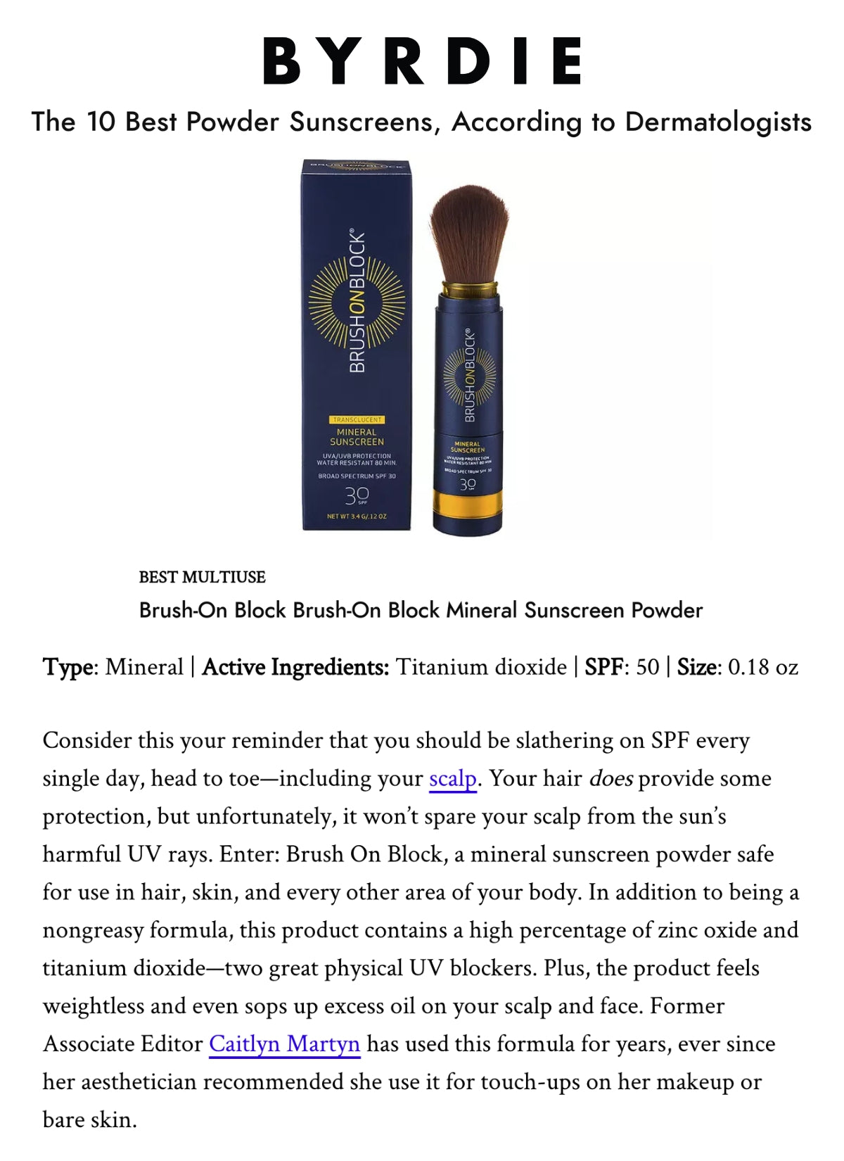 Brush On Block - Birdie - The 10 Best Powder Sunscreens, According to Dermatologists