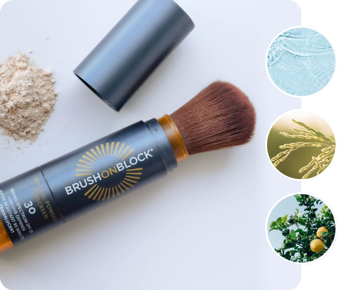 Brush On Block SPF 30 Mineral Powder formula with Zinc oxide plus skin-support ingredients niacinamide, hyaluronic acid, and vitamin C.