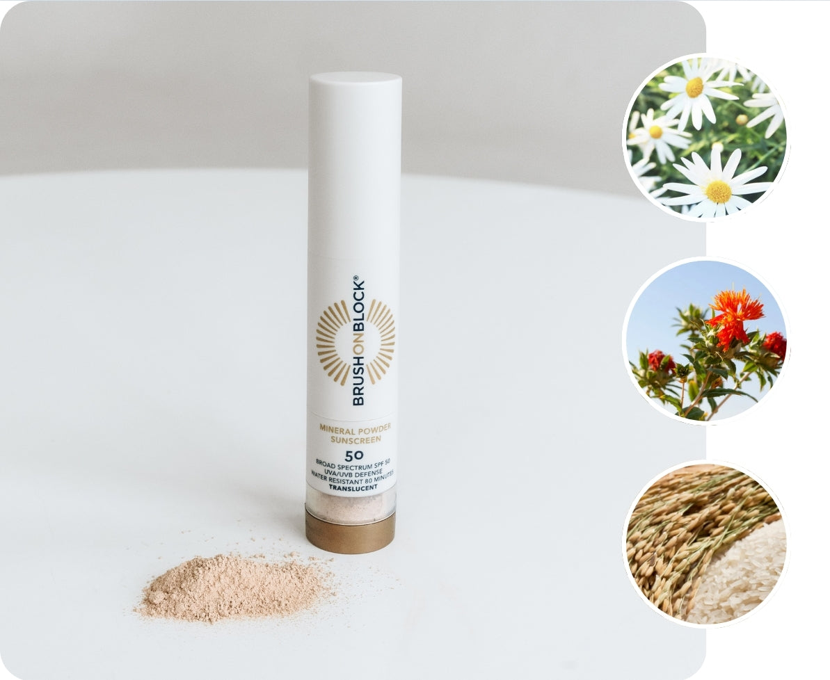 Brush On Block SPF 50 mineral powder formula with zinc oxide and titanium dioxide provides elevated broad-spectrum protection.