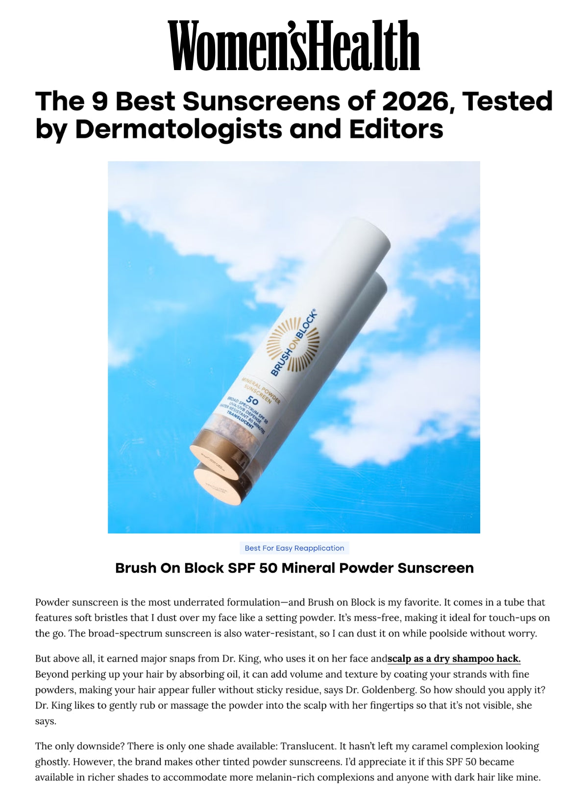 Brush On Block - Women’s Health - The 9 Best Sunscreens of 2026, Tested by Dermatologists and Editors