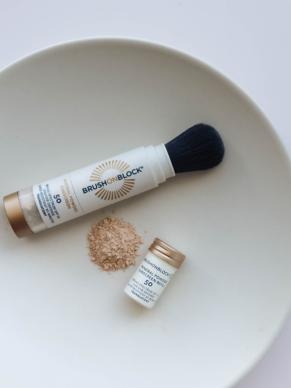 Brush On Block SPF 50 Translucent Mineral Powder Sunscreen brush, powder and refill pod