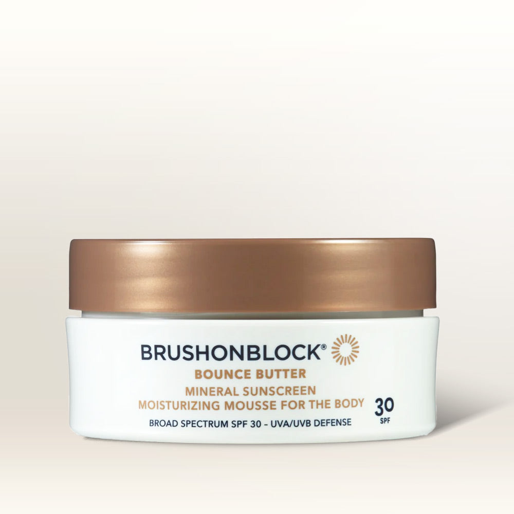 Bounce Butter SPF 30 Mineral Sunscreen Moisturizing Body Mousse front view mineral sunscreen brush applicator