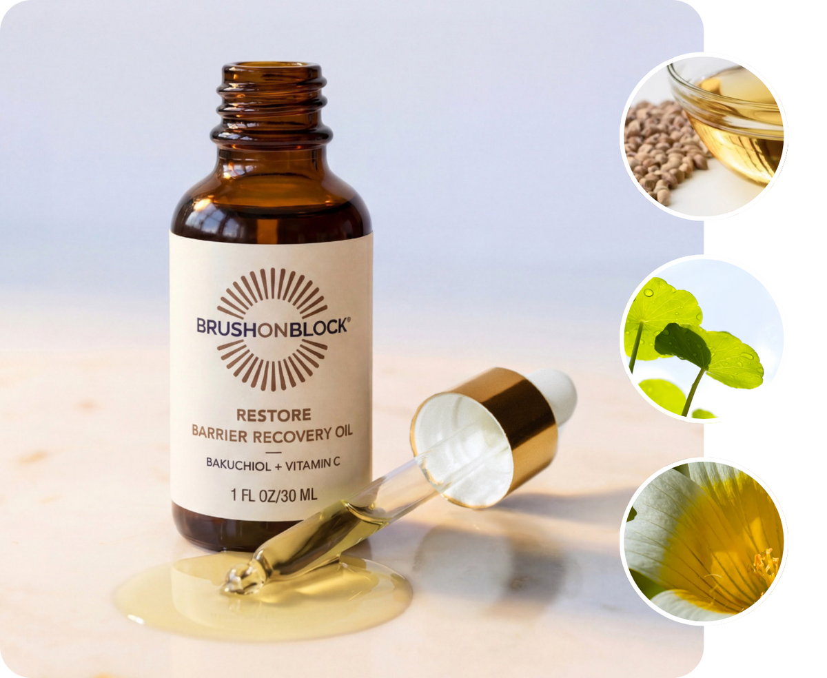 Barrier Recovery Oil with hemp seed, buriti, rosehip, meadowfoam, jojoba, safflower, and sunflower oils, gotu kola, chamomile, and strawberry fruit extracts.