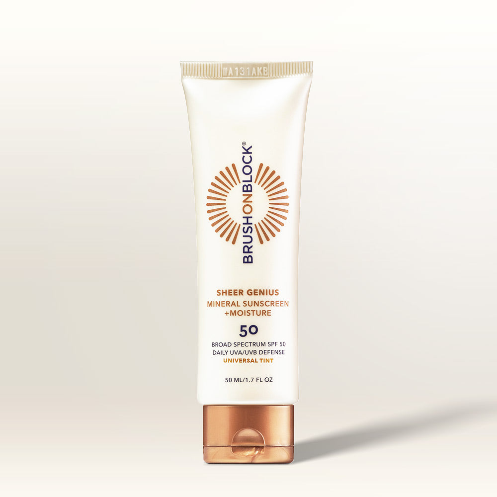 Sheer Genius SPF 50 Mineral Sunscreen + Moisture Tinted front view mineral sunscreen brush applicator