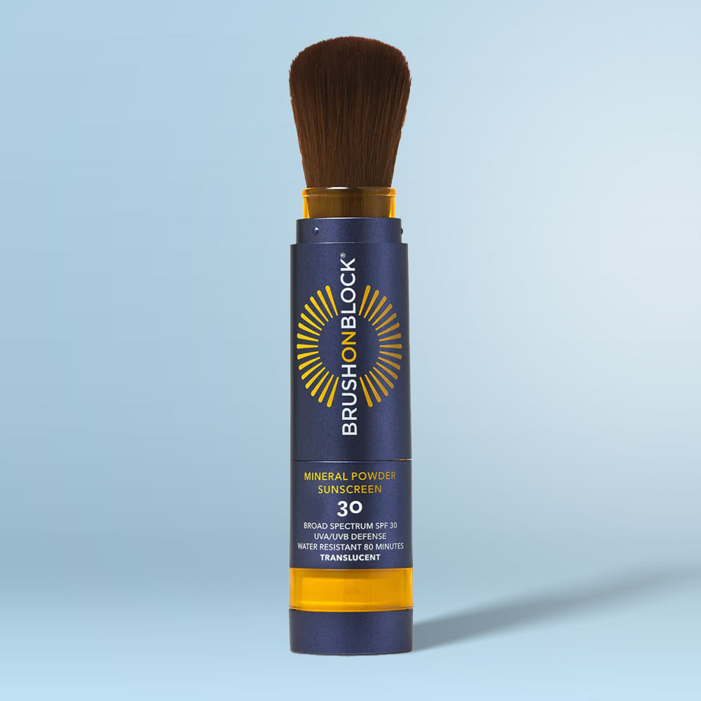 Brush On Block SPF 30, translucent mineral powder sunscreen with a brush applicator.