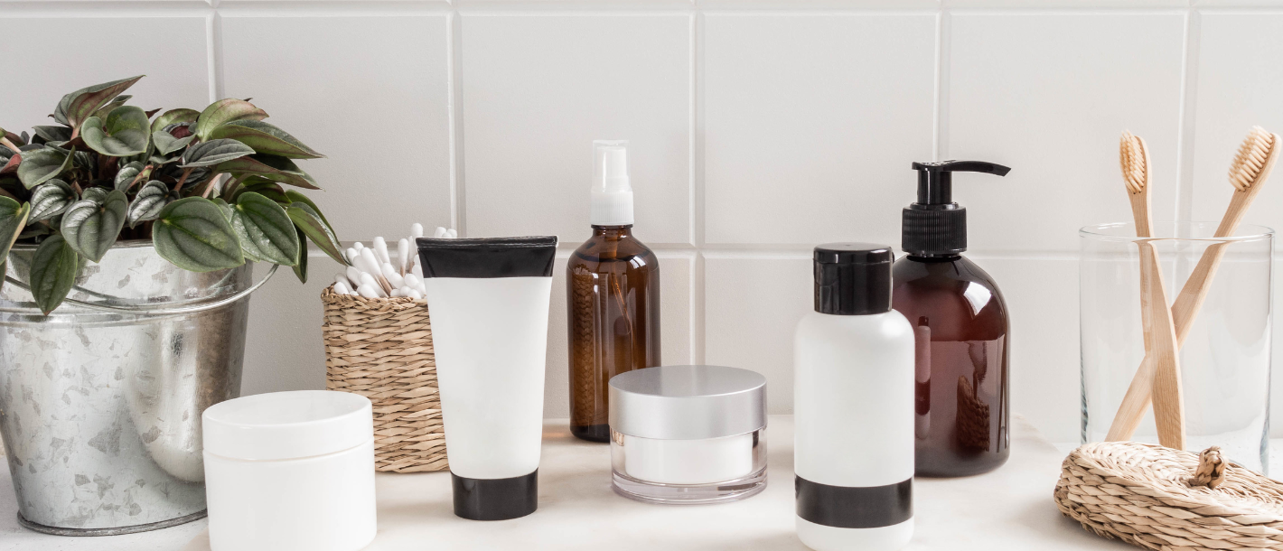 Skincare and makeup packaging illustrating brand-name vs. generic.
