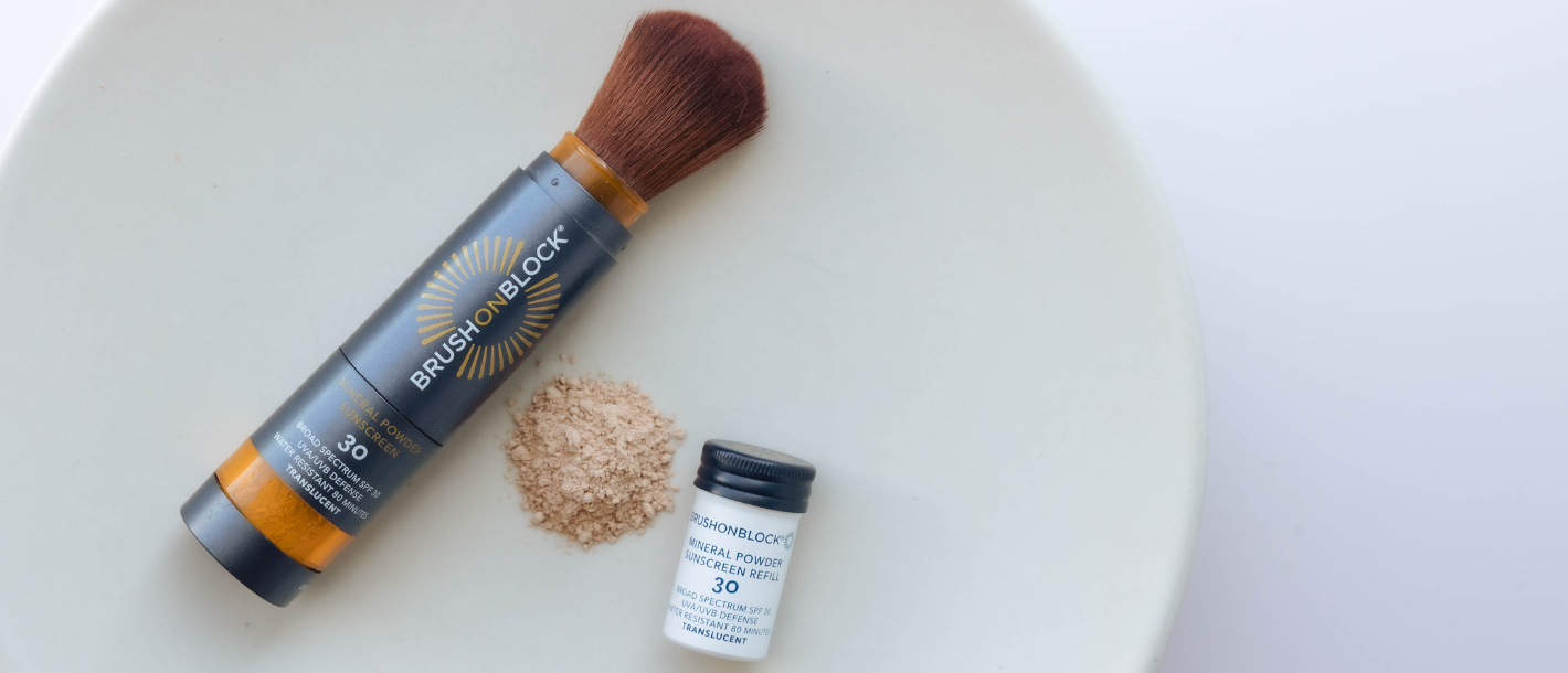 Brush On Block mineral powder sunscreen brush with aluminum refill pod, refillable sunscreen system