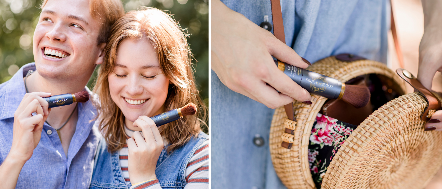 Split image of adults holding mineral powder sunscreen brushes alongside a woman pulling a powder sunscreen brush from her purse for easy daily SPF reapplication.