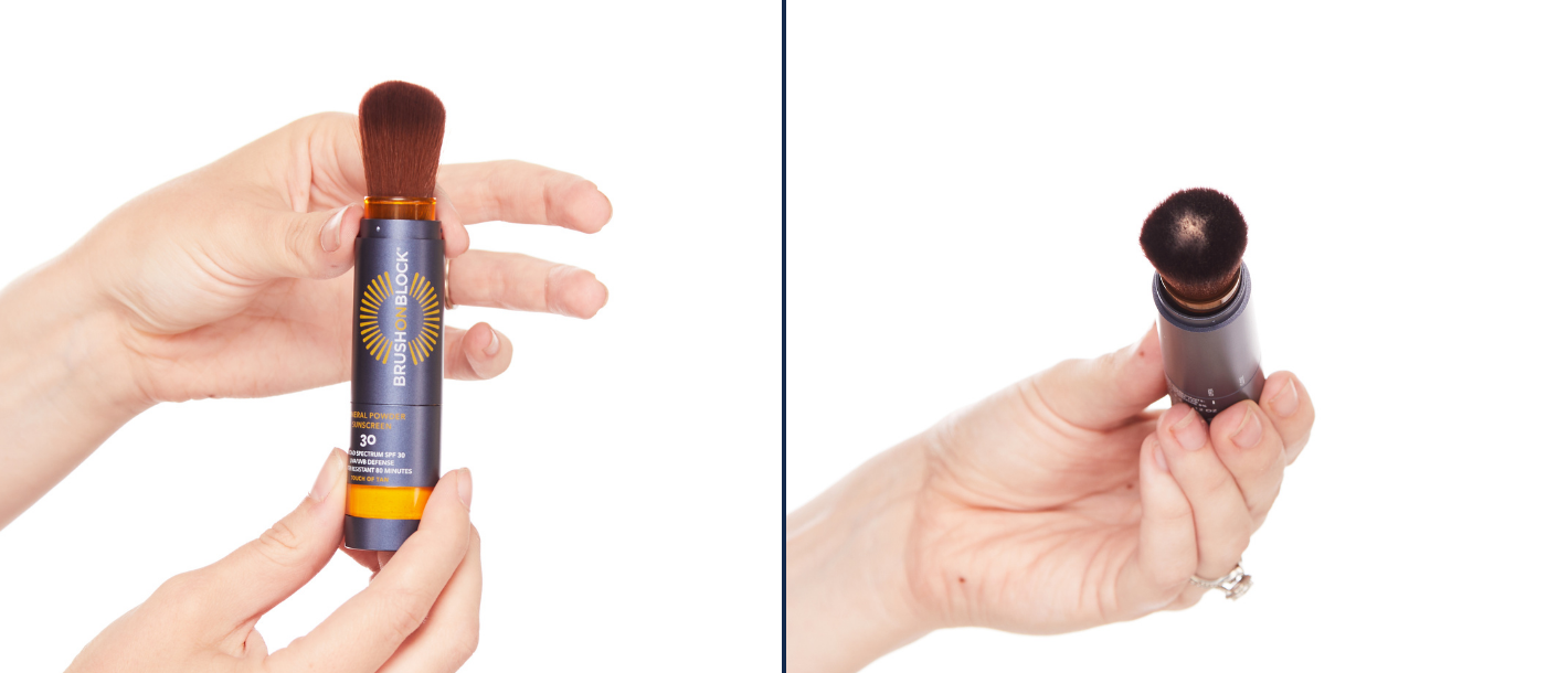 Split image showing hands holding a Brush On Block SPF 30 Mineral Powder Sunscreen brush and flicking powder to flow powder to the bristles for application