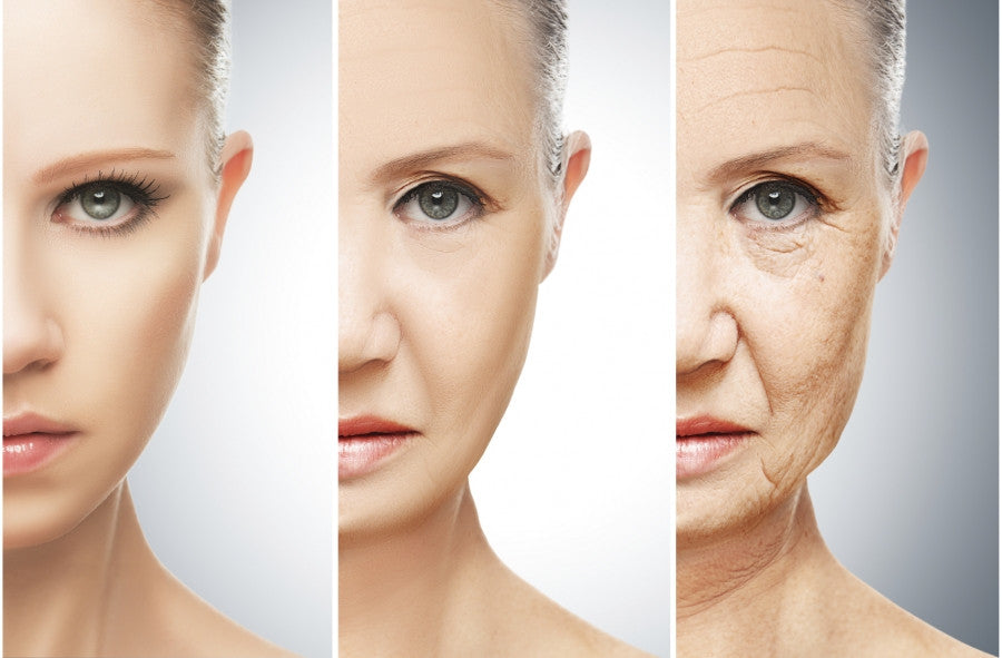 Brush On Block trio image of woman's face aging.