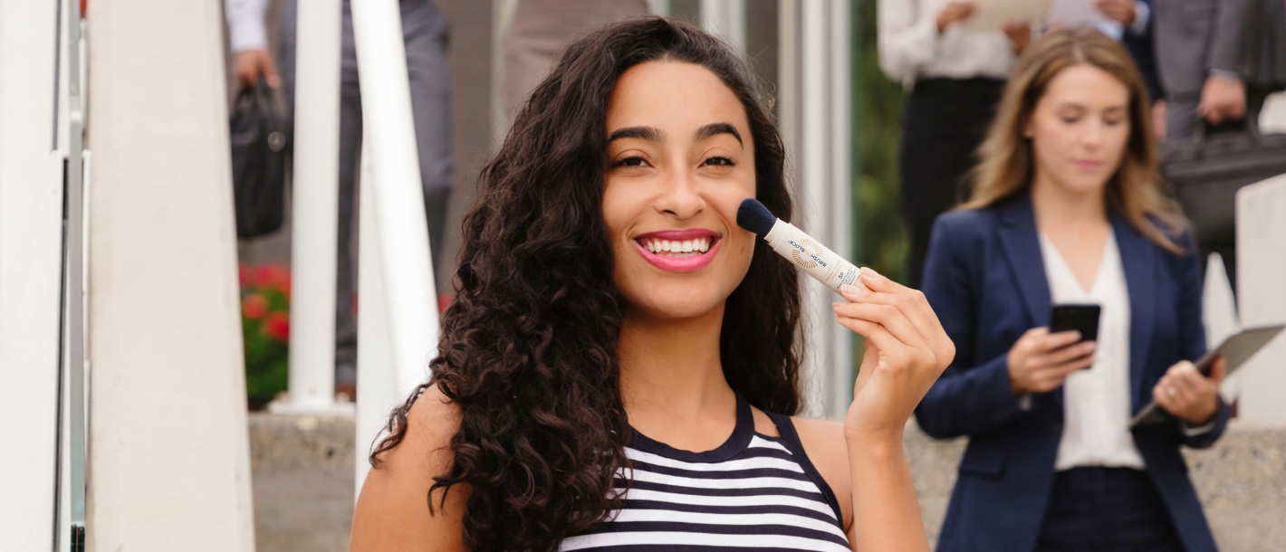 Woman reapplying Brush On Block SPF 30 mineral powder sunscreen during the workday