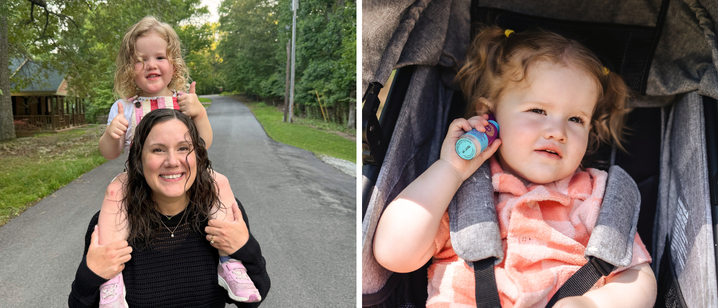 Mom with toddler and toddler applying BOB Kids sunscreen as part of a daily routine.