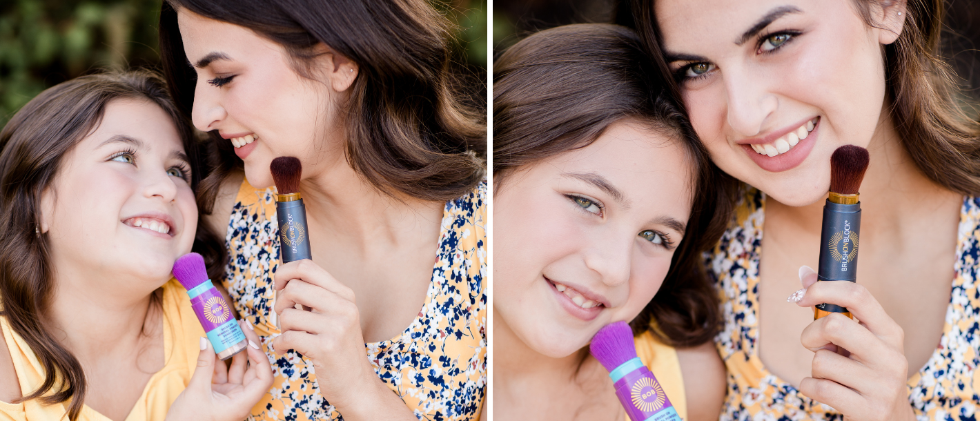 Parent and child applying Brush On Block mineral powder sunscreen together as part of a morning family routine