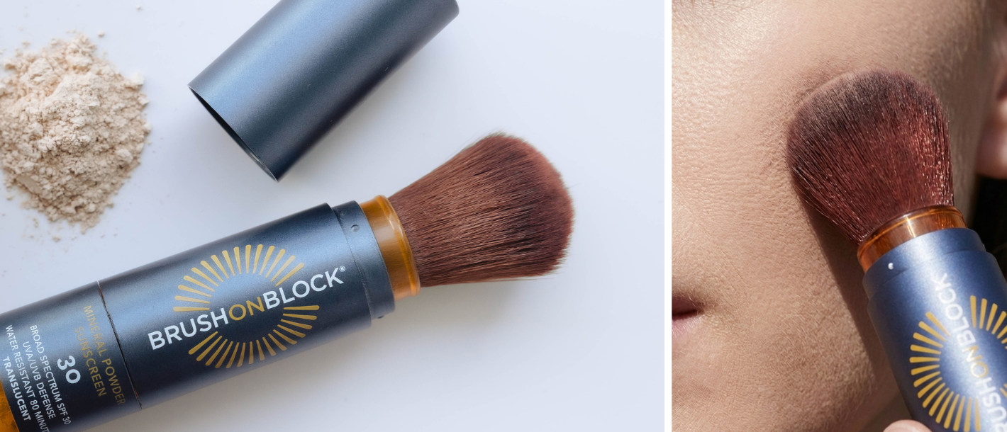 Brush On Block mineral powder sunscreen being buffed onto skin in circular motions showing proper application technique for full SPF protection
