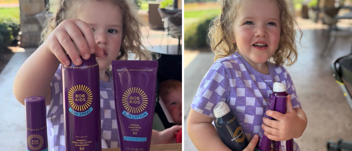 Young girl holding BOB KIDS sunscreen products as she builds confidence applying sunscreen on her own before starting school.