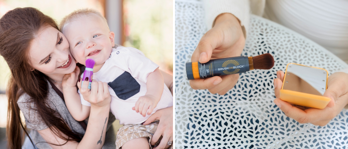 Parent applying BOB KIDS sunscreen to her child, then applying Brush On Block to herself 