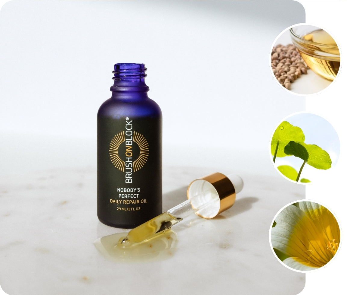 Barrier Recovery Oil with hemp seed, buriti, rosehip, meadowfoam, jojoba, safflower, and sunflower oils, gotu kola, chamomile, and strawberry fruit extracts.