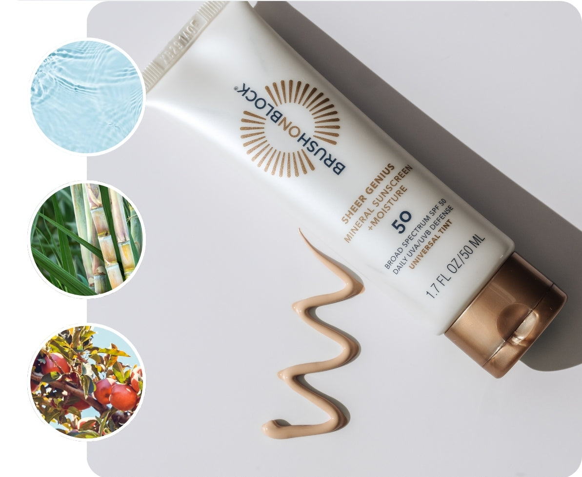 Brush On Block Sheer Genius SPF moisturizer with Zinc oxide hyaluronic acid, apple fruit extract, aloe, bisabolol, and squalane. 