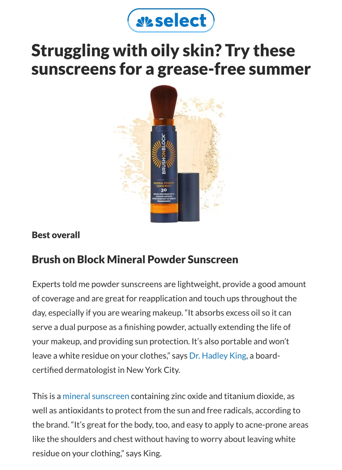 Brush On Block - NBC Select - Struggling with oily skin? Try these sunscreens for a grease-free summer