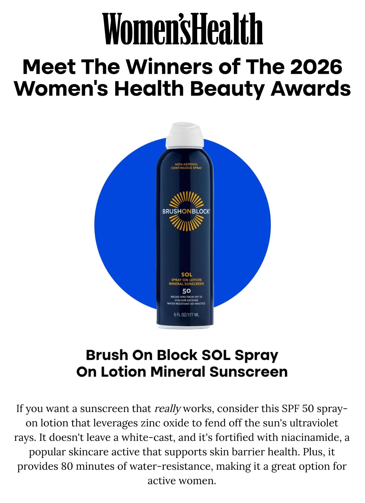 Women’s Health Recognizes Brush On Block Sol Spray Best Mineral Sunscreen - 2026 Women's Health Beauty Awards