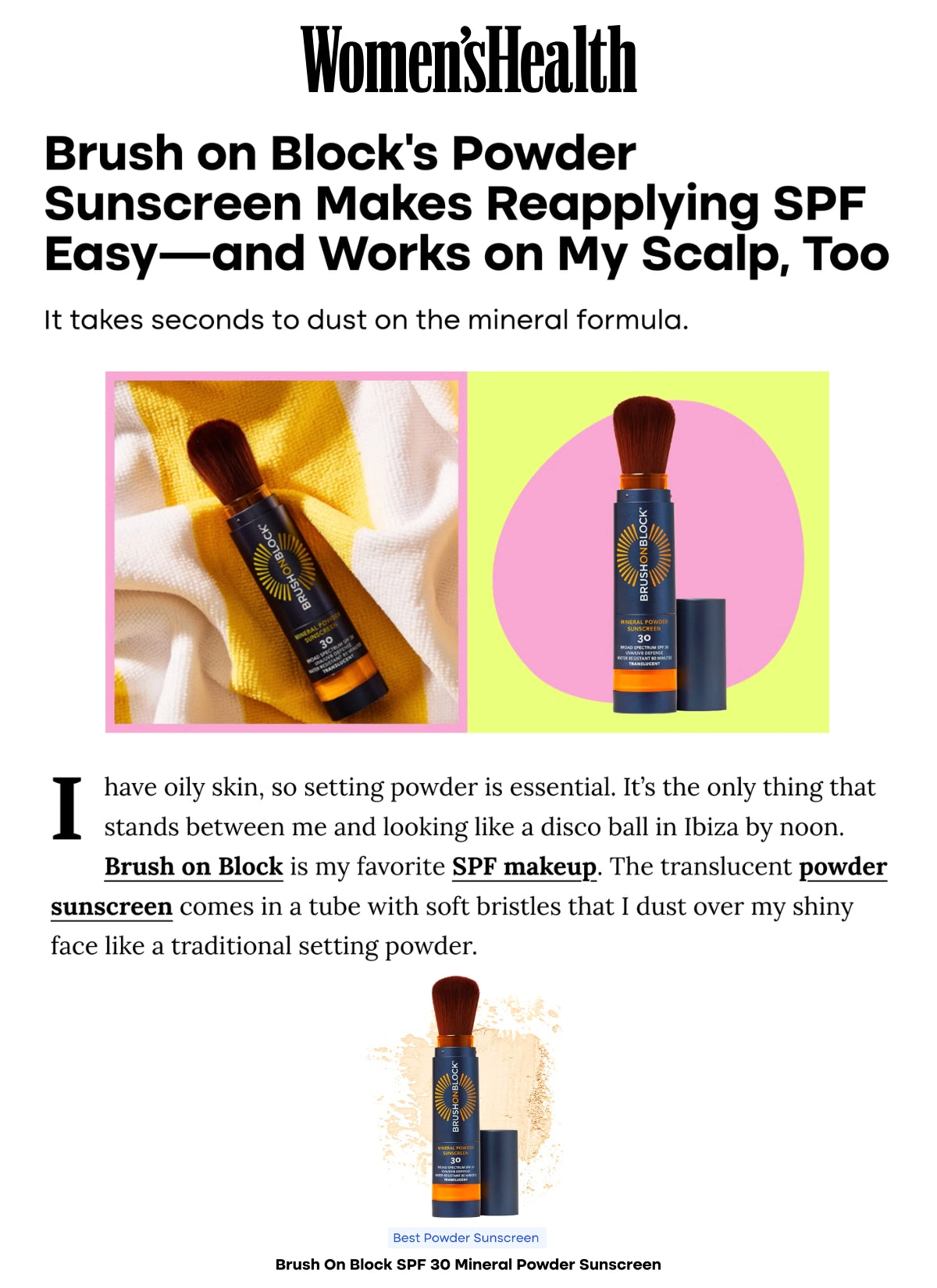 Women’s Health - Brush on Block’s Powder Sunscreen Makes Reapplying SPF Easy—and Works on My Scalp, Too